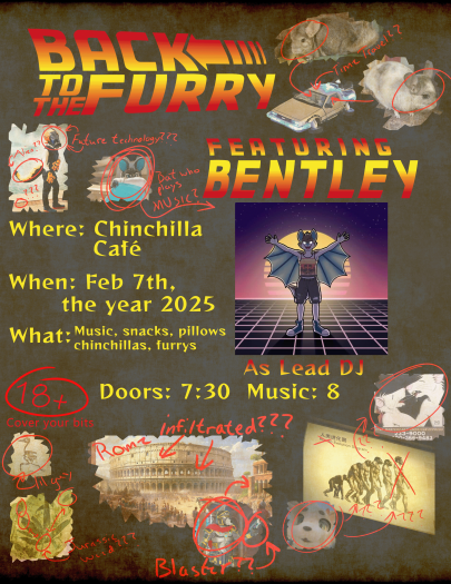 Event poster - Furries and recognizable artifacts circle with red to imply conspiracy theories