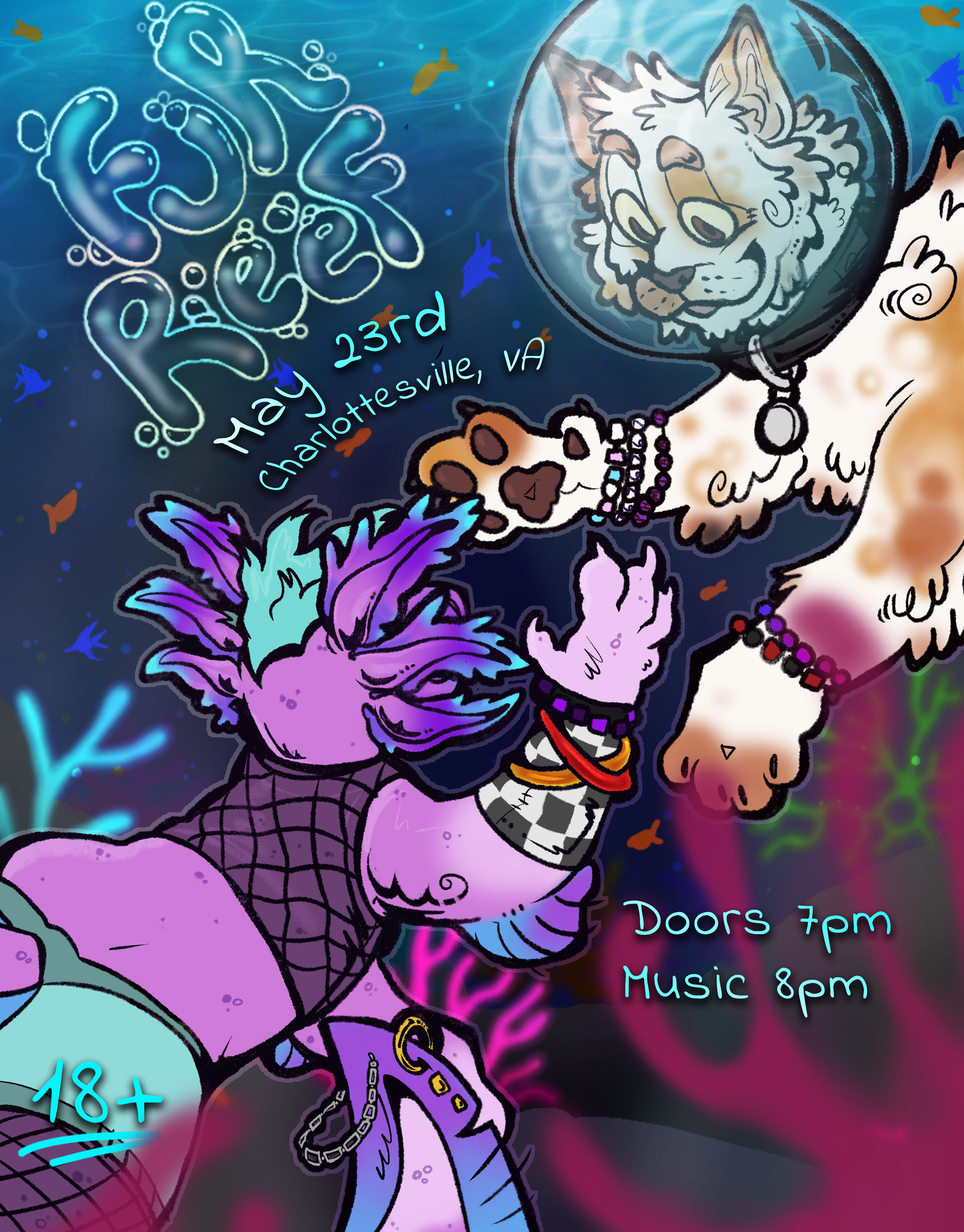 Two fluffy creatures under the water, one has a big glass diving helmet. There's text at the top left that reads Fur Reef