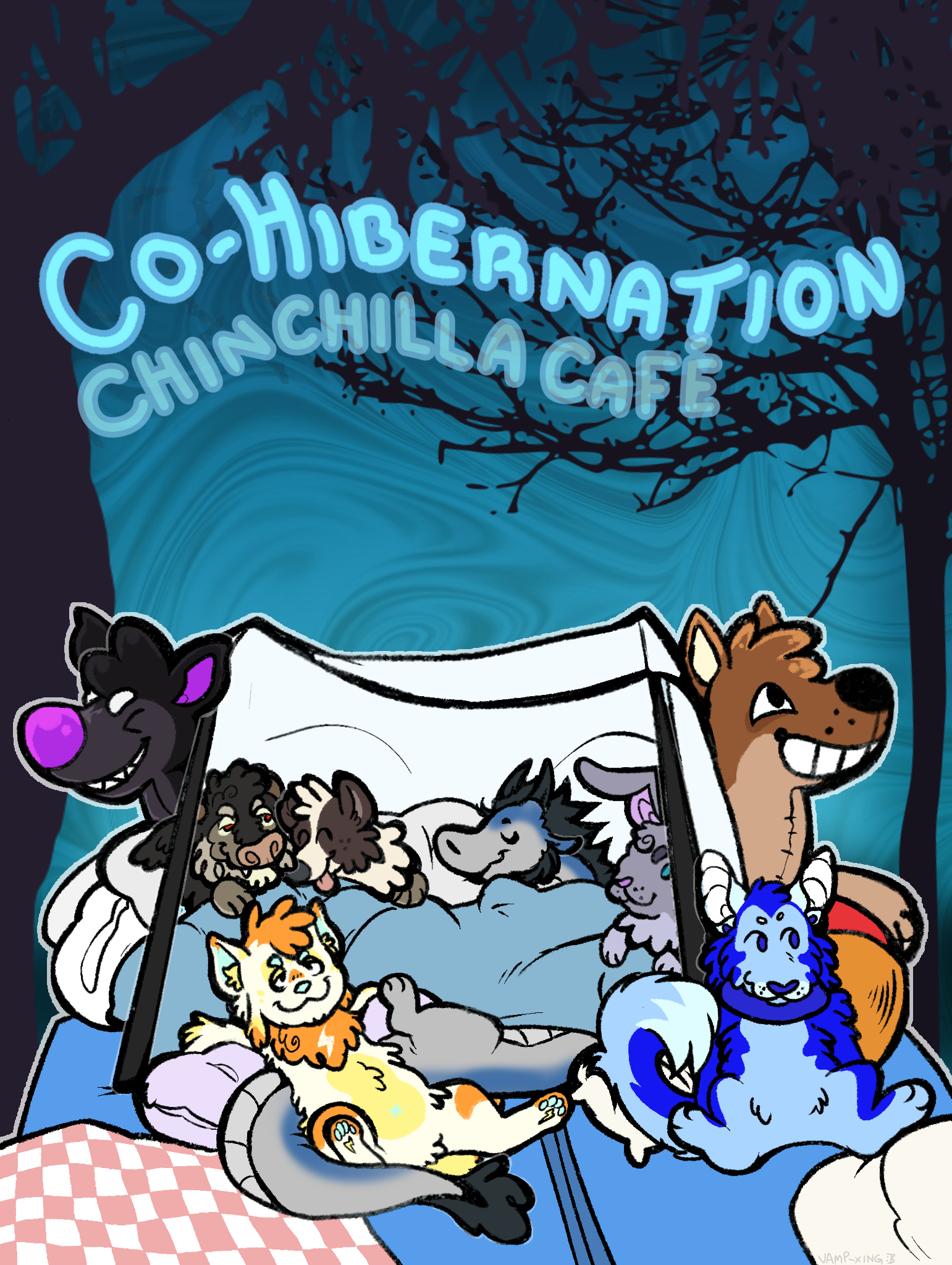 Event poster - A bunch of furry creatures in a forest with a tent for cover